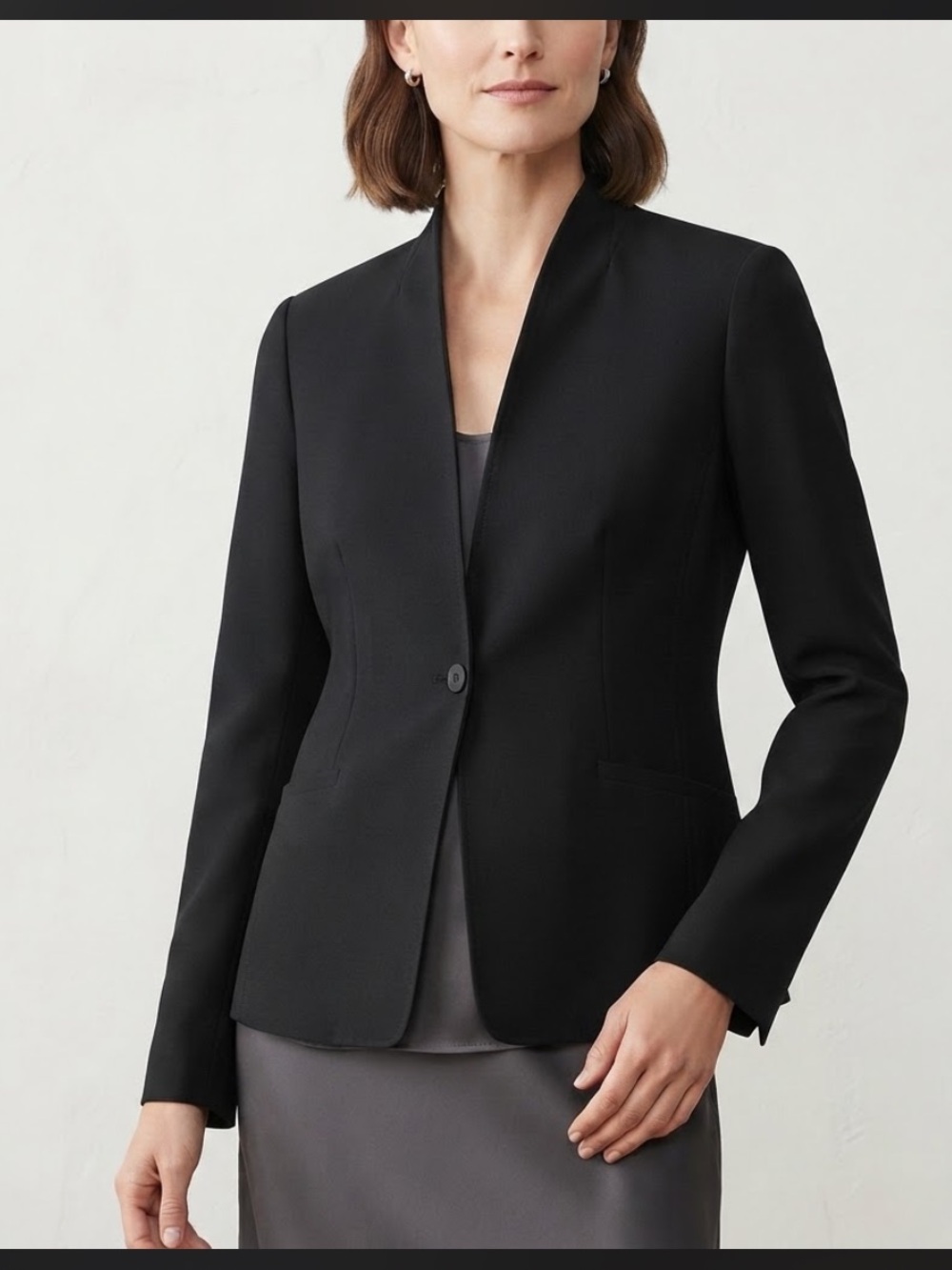 Eileen Fisher Black Blazer Jacket Womens XS Open Front Mandarin Collar